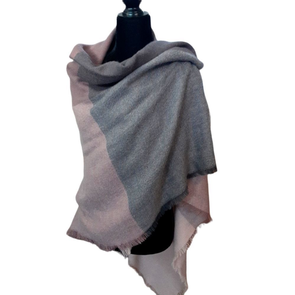 Vintage Shawl Color Block Soft Wrap Pastel Pinks‎ and Grays Large - Picture 2 of 8